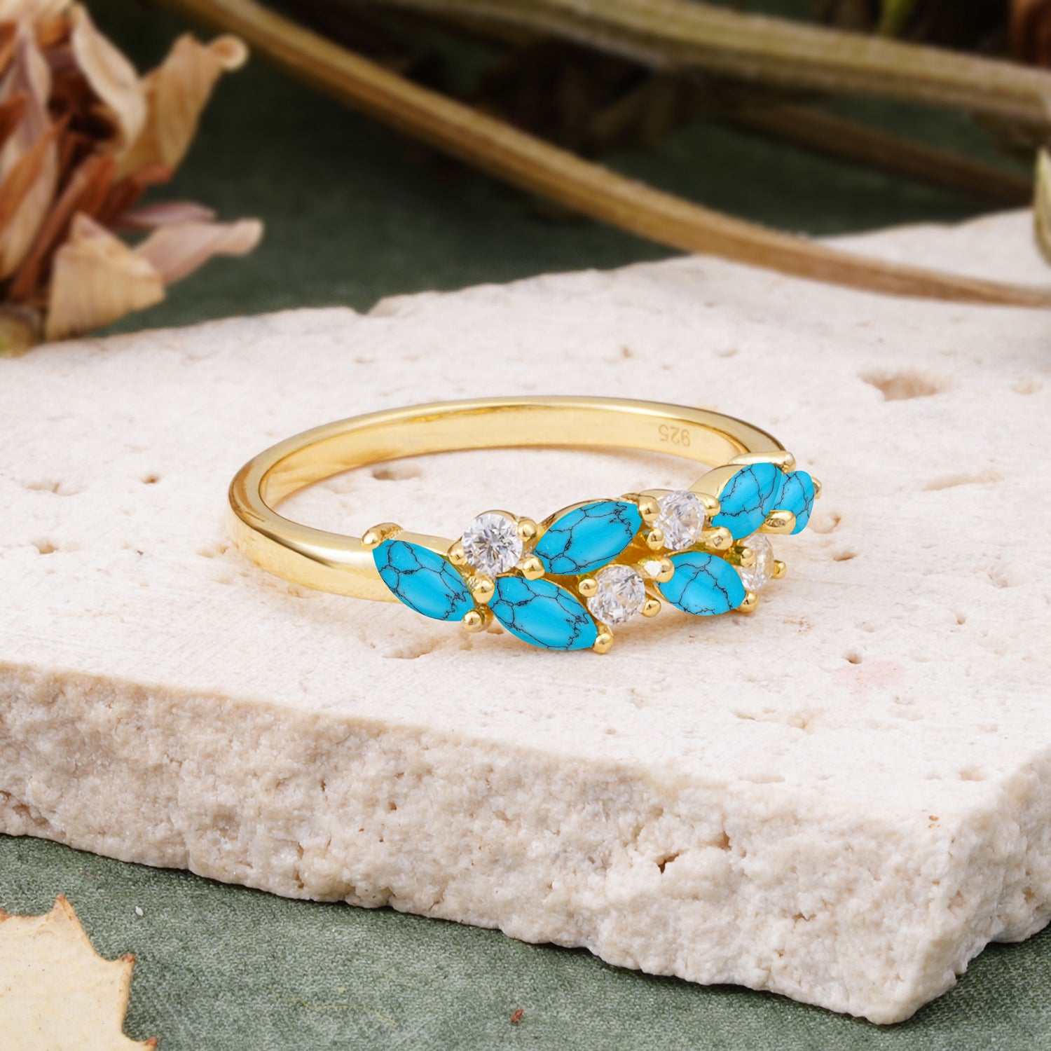 Classic Sparkling Marquise & Round Turquoise Leaf Ring Nature-Inspired Bridal Stackable Band  - Additional view