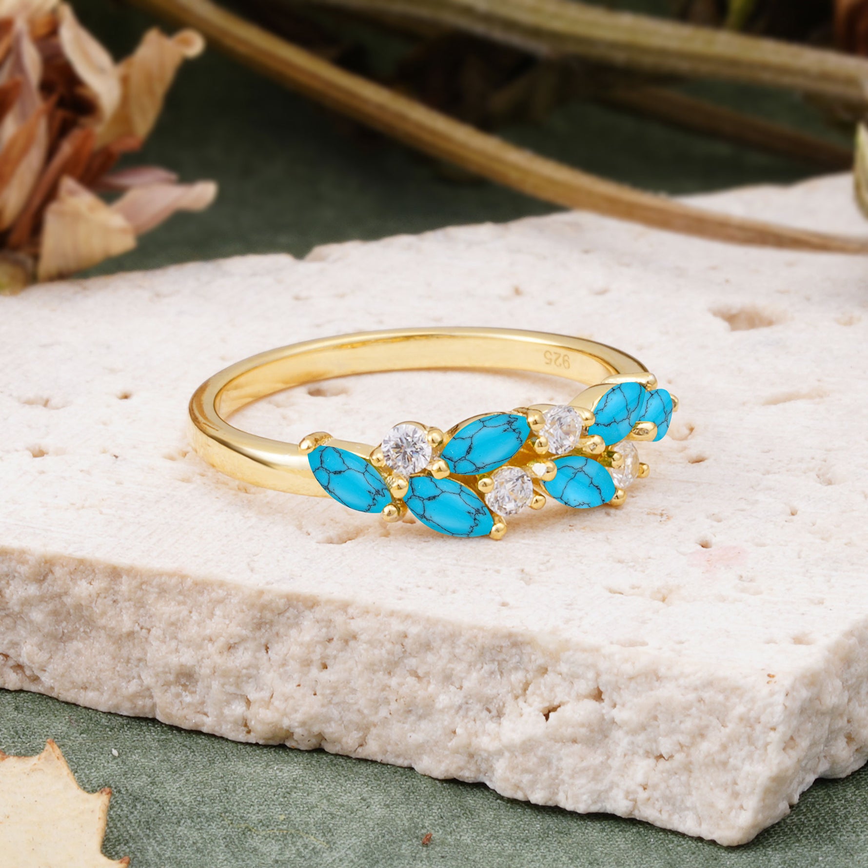 Classic Sparkling Marquise & Round Turquoise Leaf Ring Nature-Inspired Bridal Stackable Band  - Additional view