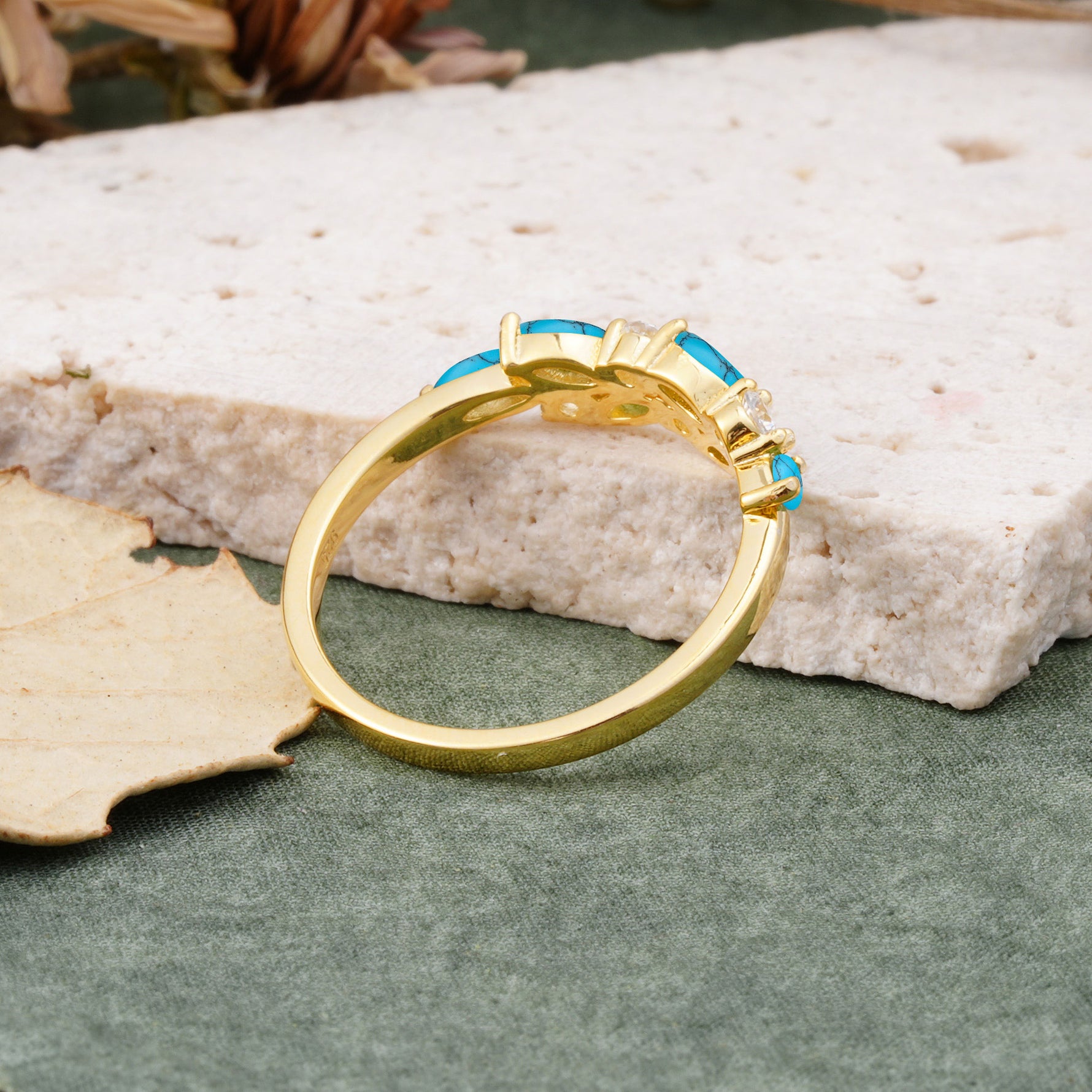 Classic Sparkling Marquise & Round Turquoise Leaf Ring Nature-Inspired Bridal Stackable Band  - Additional view