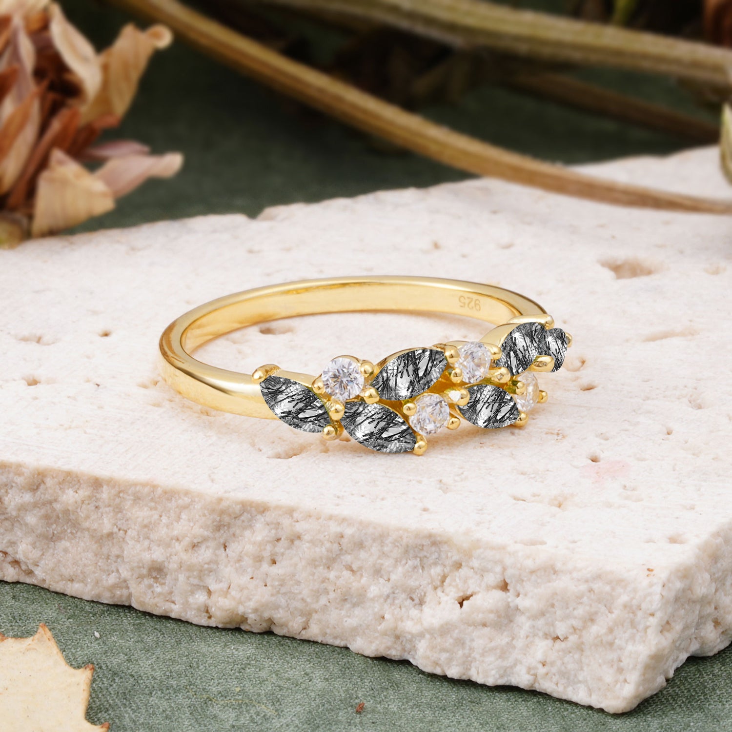 Classic Sparkling Marquise & Round Black Rutilated Quartz Leaf Ring Nature-Inspired Bridal Stackable Band  - Additional view