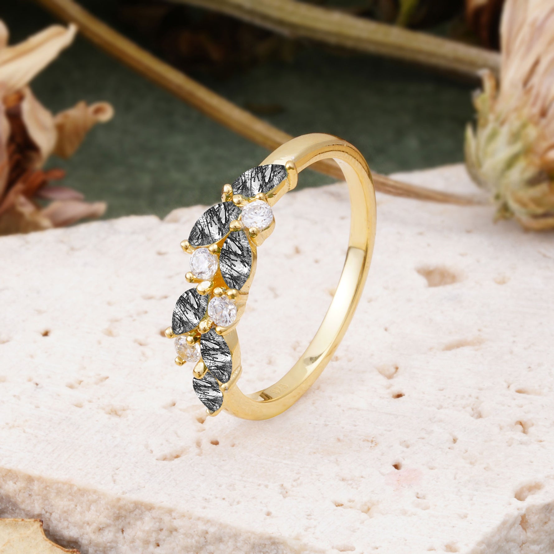 Classic Sparkling Marquise & Round Black Rutilated Quartz Leaf Ring Nature-Inspired Bridal Stackable Band  - Additional view