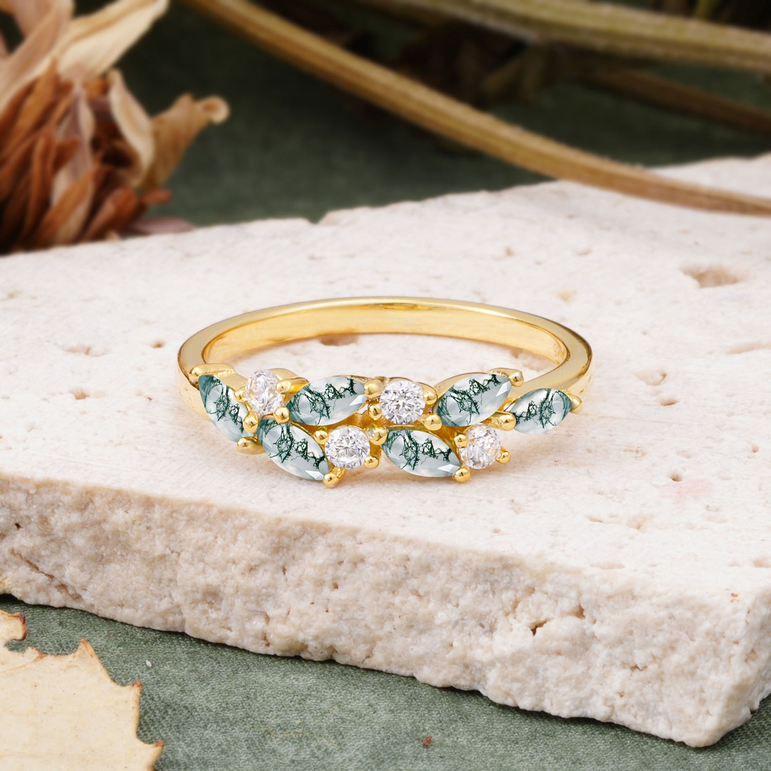 Classic Sparkling Marquise & Round Moss Agate Leaf Ring Nature-Inspired Bridal Stackable Band  - Additional view