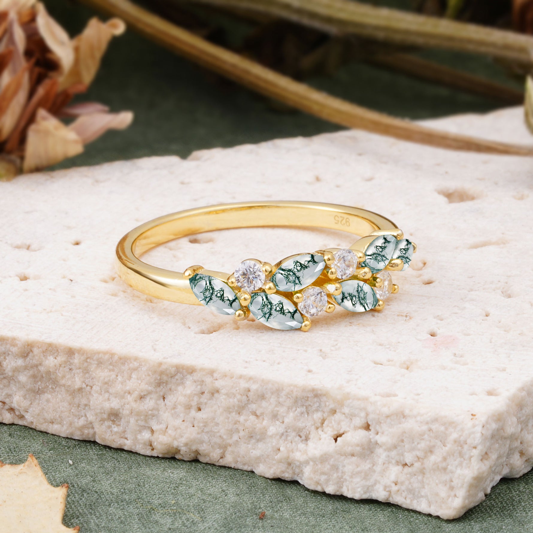 Classic Sparkling Marquise & Round Moss Agate Leaf Ring Nature-Inspired Bridal Stackable Band  - Additional view
