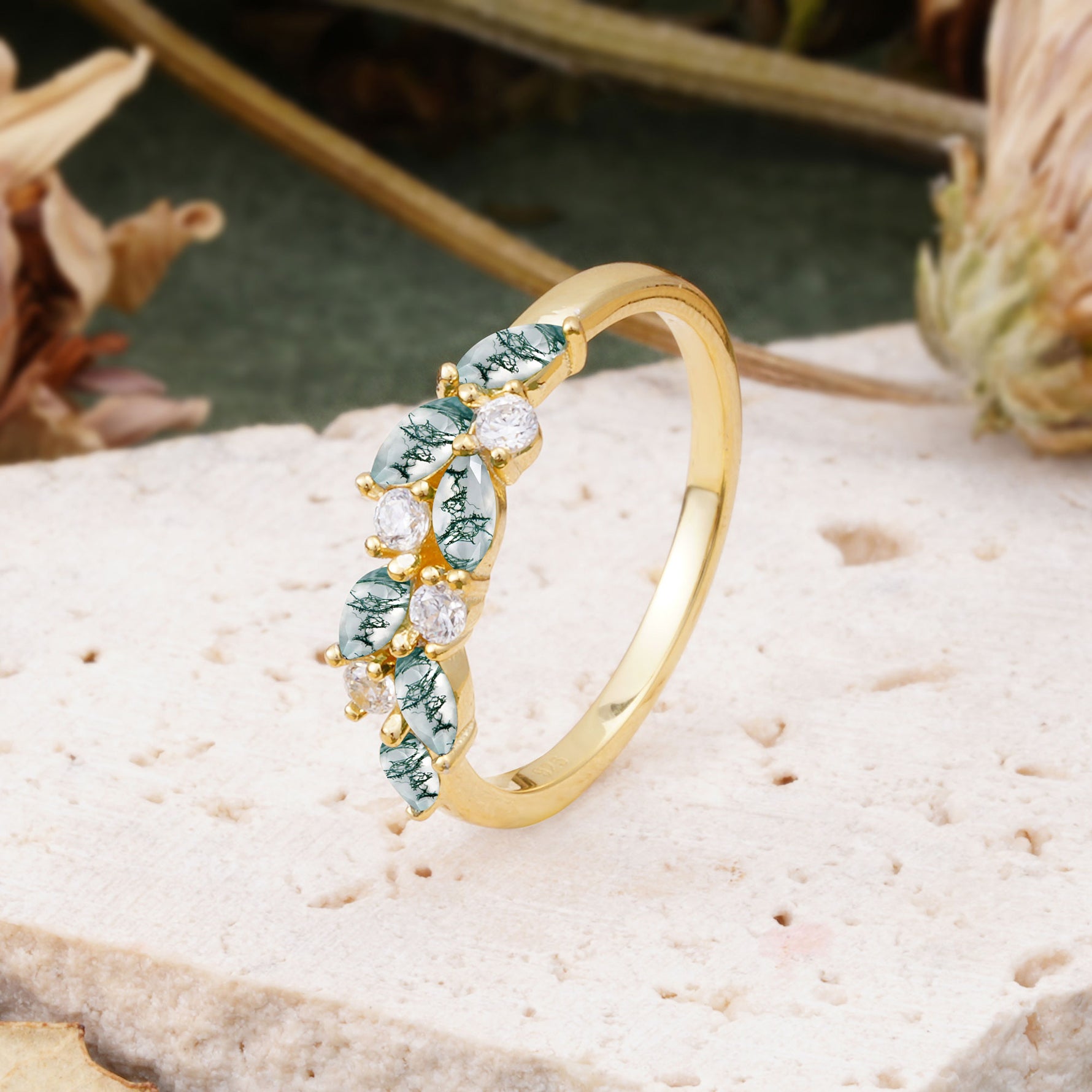 Classic Sparkling Marquise & Round Moss Agate Leaf Ring Nature-Inspired Bridal Stackable Band  - Additional view