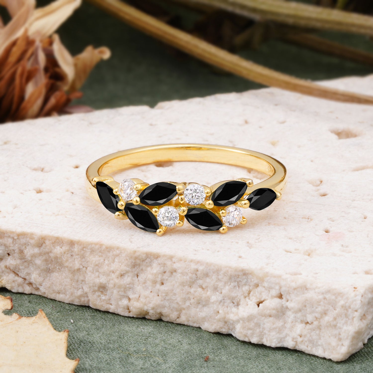 Classic Sparkling Marquise & Round Black Onyx Leaf Ring Nature-Inspired Wedding Ring - Romalar Jewelry