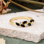 Classic Sparkling Marquise & Round Black Onyx Leaf Ring Nature-Inspired Wedding Ring - Romalar Jewelry