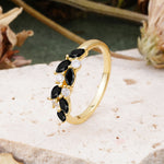 Classic Sparkling Marquise & Round Black Onyx Leaf Ring Nature-Inspired Wedding Ring - Romalar Jewelry