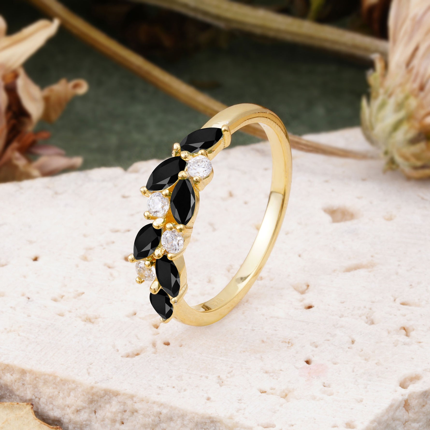 Classic Sparkling Marquise & Round Black Onyx Leaf Ring Nature-Inspired Wedding Ring - Romalar Jewelry