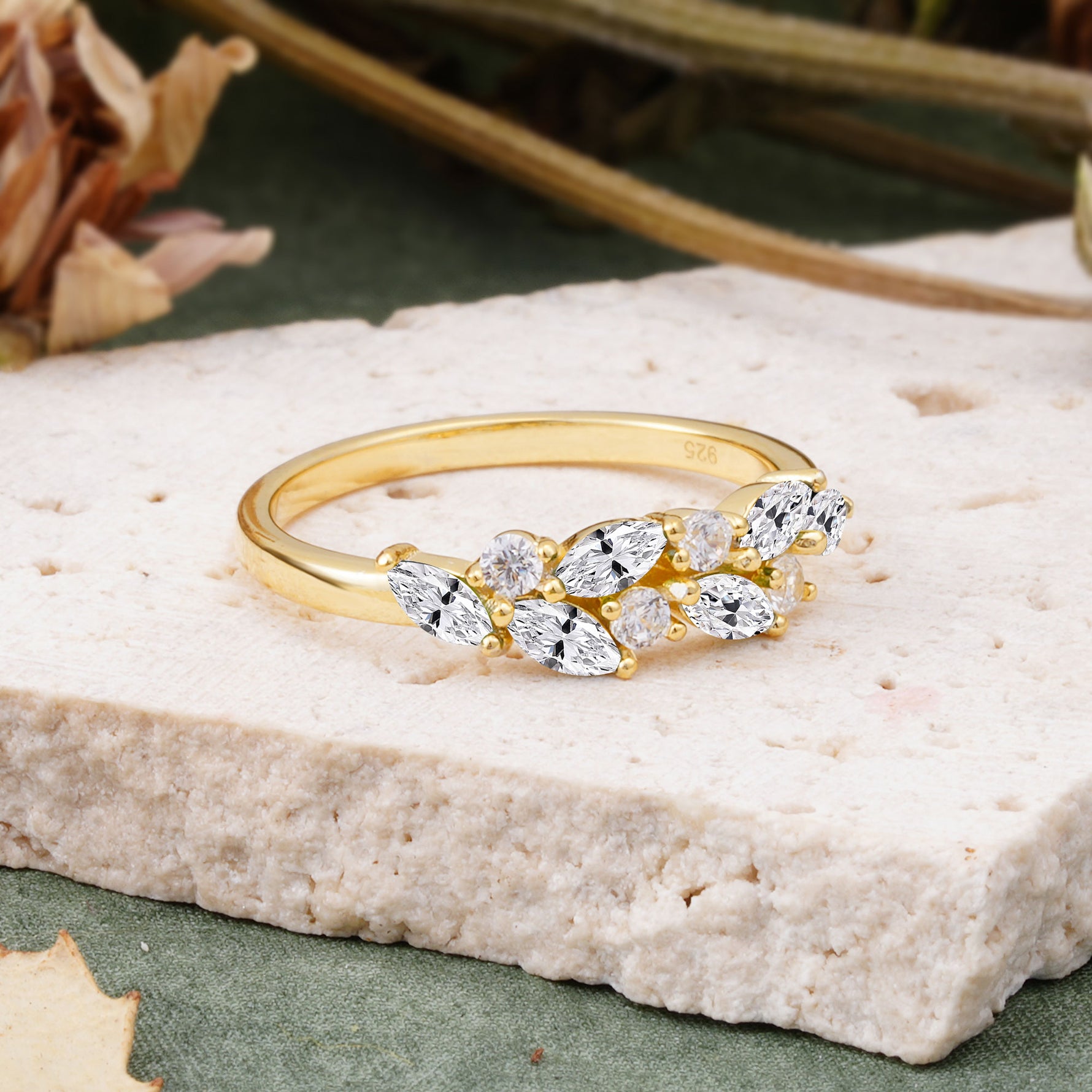 Classic Sparkling Marquise & Round Lab Diamond Leaf Ring Nature-Inspired Bridal Stackable Band  - Additional view
