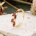 Classic Sparkling Marquise & Round Garnet Leaf Ring Nature-Inspired Bridal Stackable Band  - Additional view