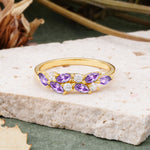 Classic Sparkling Marquise & Round Amethyst Leaf Ring Nature-Inspired Bridal Stackable Band  - Additional view
