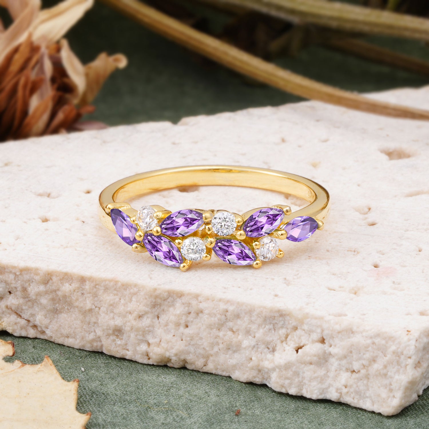 Classic Sparkling Marquise & Round Amethyst Leaf Ring Nature-Inspired Bridal Stackable Band  - Additional view