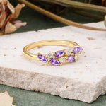 Classic Sparkling Marquise & Round Amethyst Leaf Ring Nature-Inspired Bridal Stackable Band  - Additional view