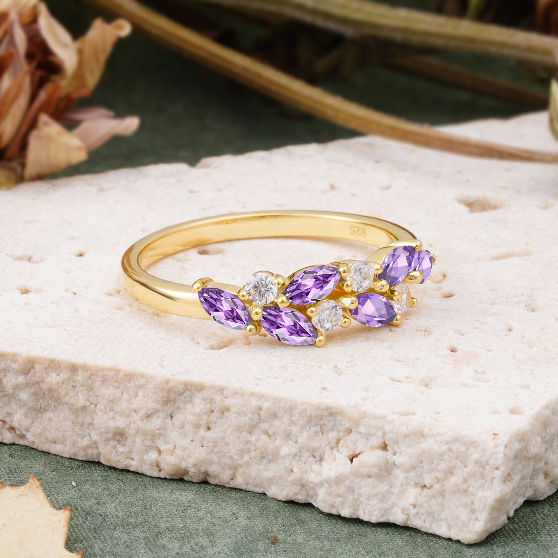 Classic Sparkling Marquise & Round Amethyst Leaf Ring Nature-Inspired Bridal Stackable Band  - Additional view