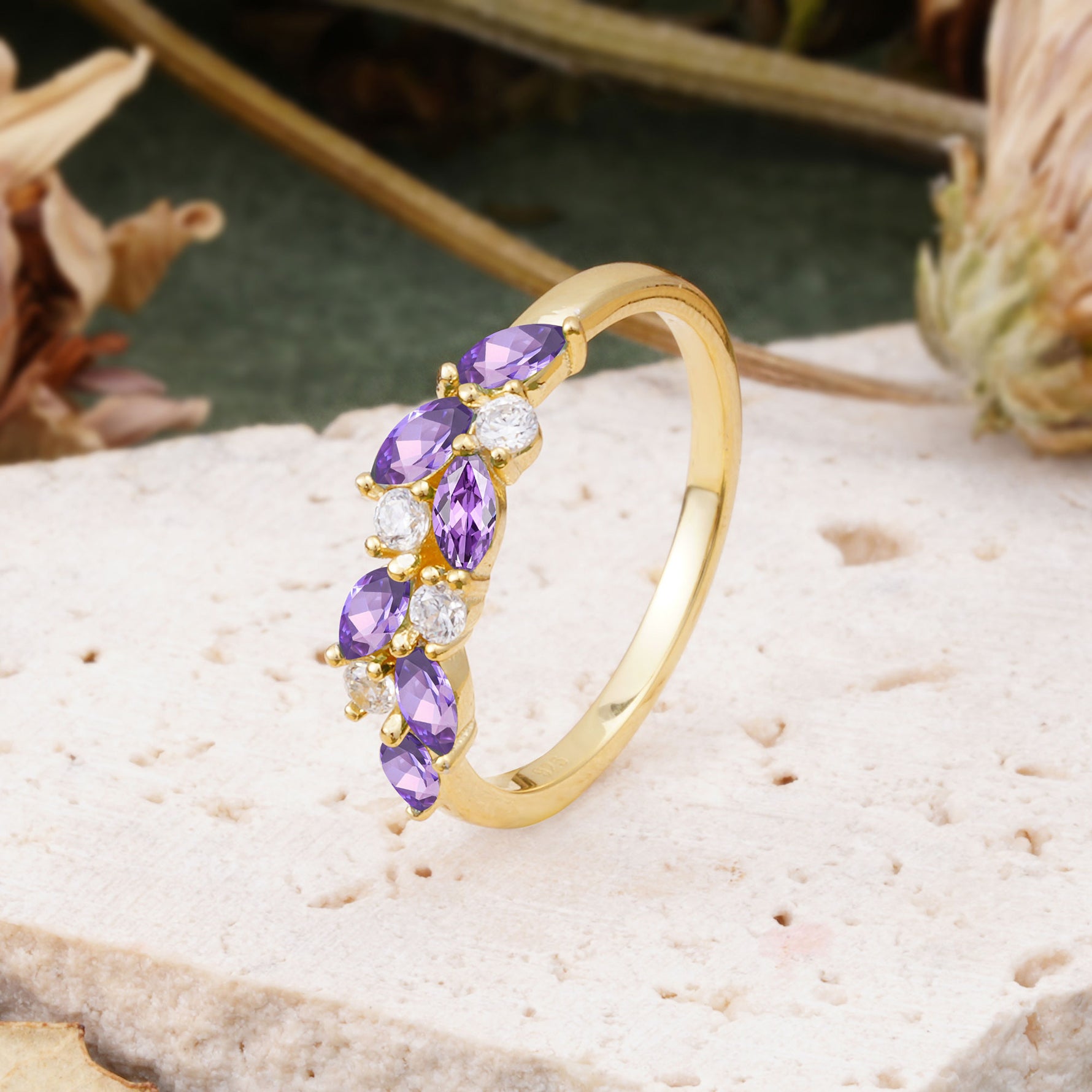 Classic Sparkling Marquise & Round Amethyst Leaf Ring Nature-Inspired Bridal Stackable Band  - Additional view