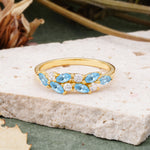 Classic Sparkling Marquise & Round Aquamarine Leaf Ring Nature-Inspired Bridal Stackable Band  - Additional view