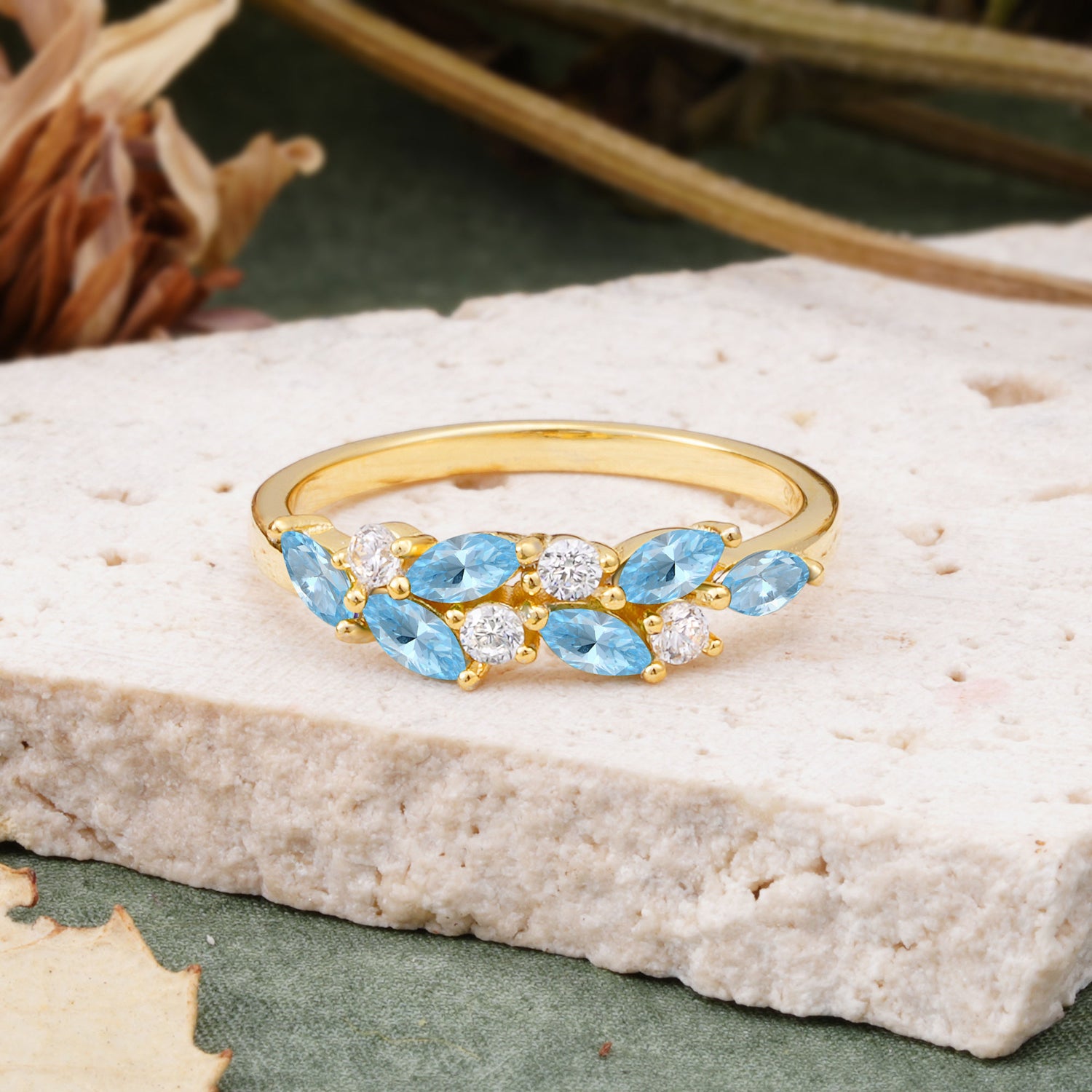 Classic Sparkling Marquise & Round Aquamarine Leaf Ring Nature-Inspired Bridal Stackable Band  - Additional view