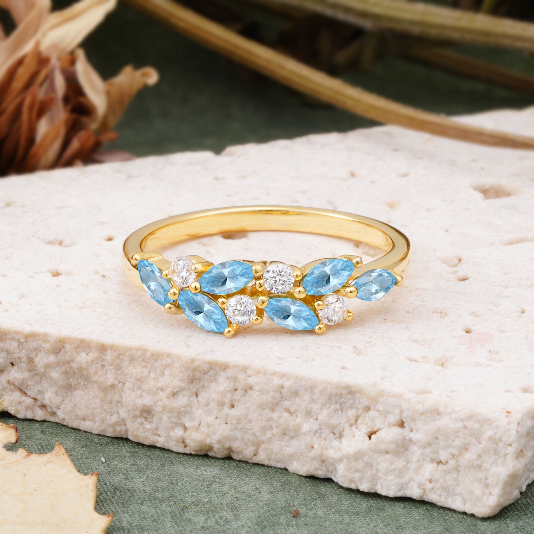 Classic Sparkling Marquise & Round Aquamarine Leaf Ring Nature-Inspired Bridal Stackable Band  - Additional view