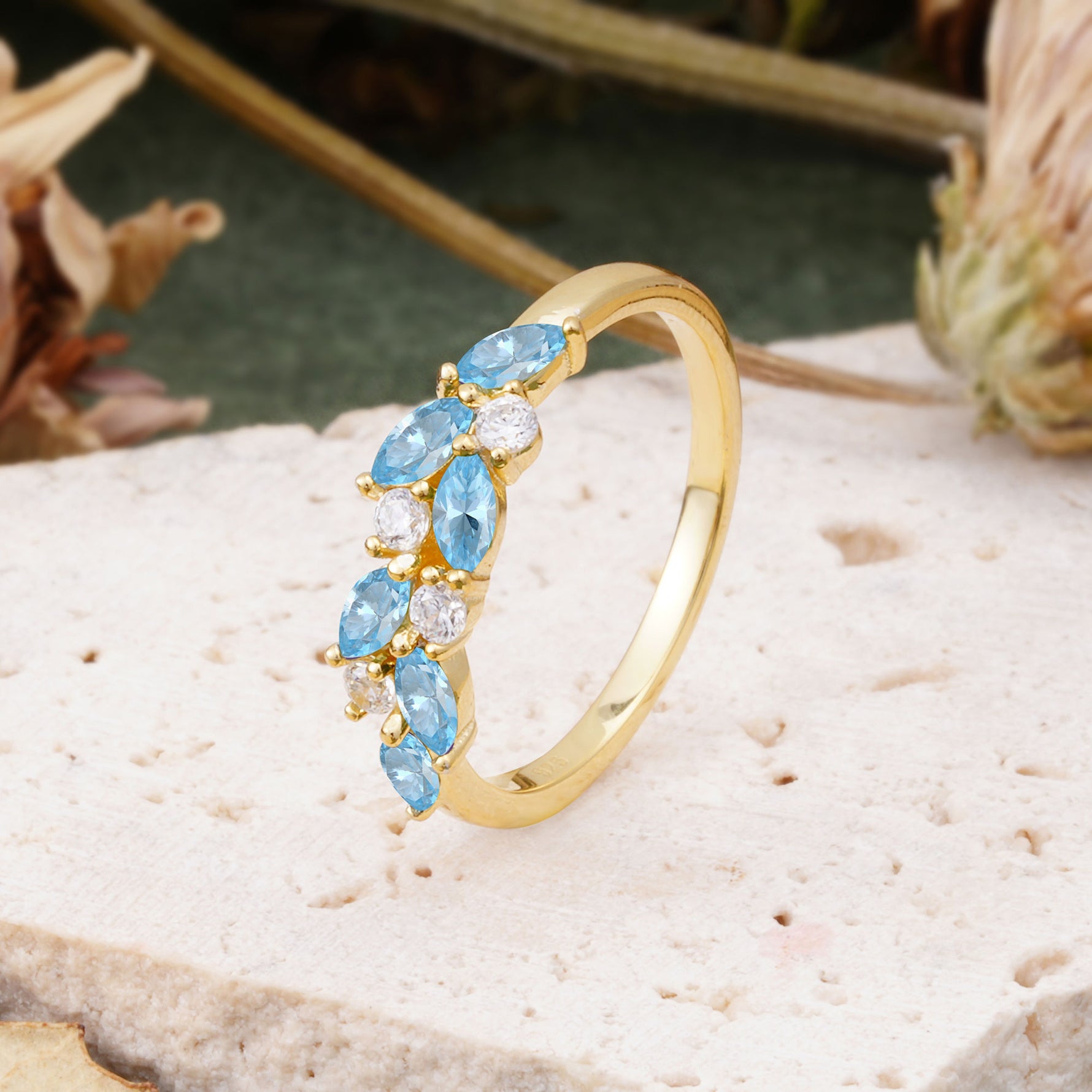 Classic Sparkling Marquise & Round Aquamarine Leaf Ring Nature-Inspired Bridal Stackable Band  - Additional view