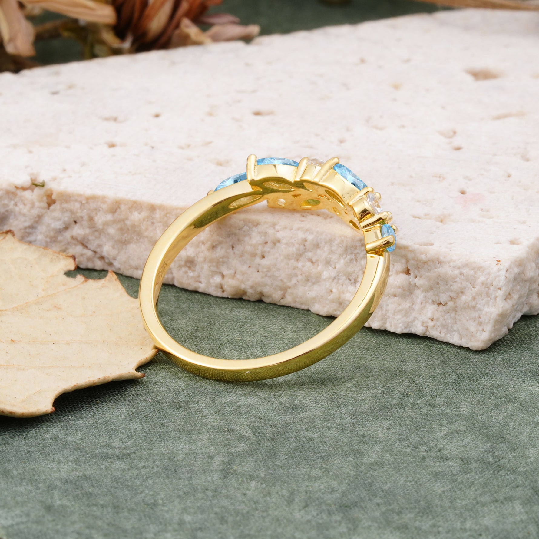 Classic Sparkling Marquise & Round Aquamarine Leaf Ring Nature-Inspired Bridal Stackable Band  - Additional view