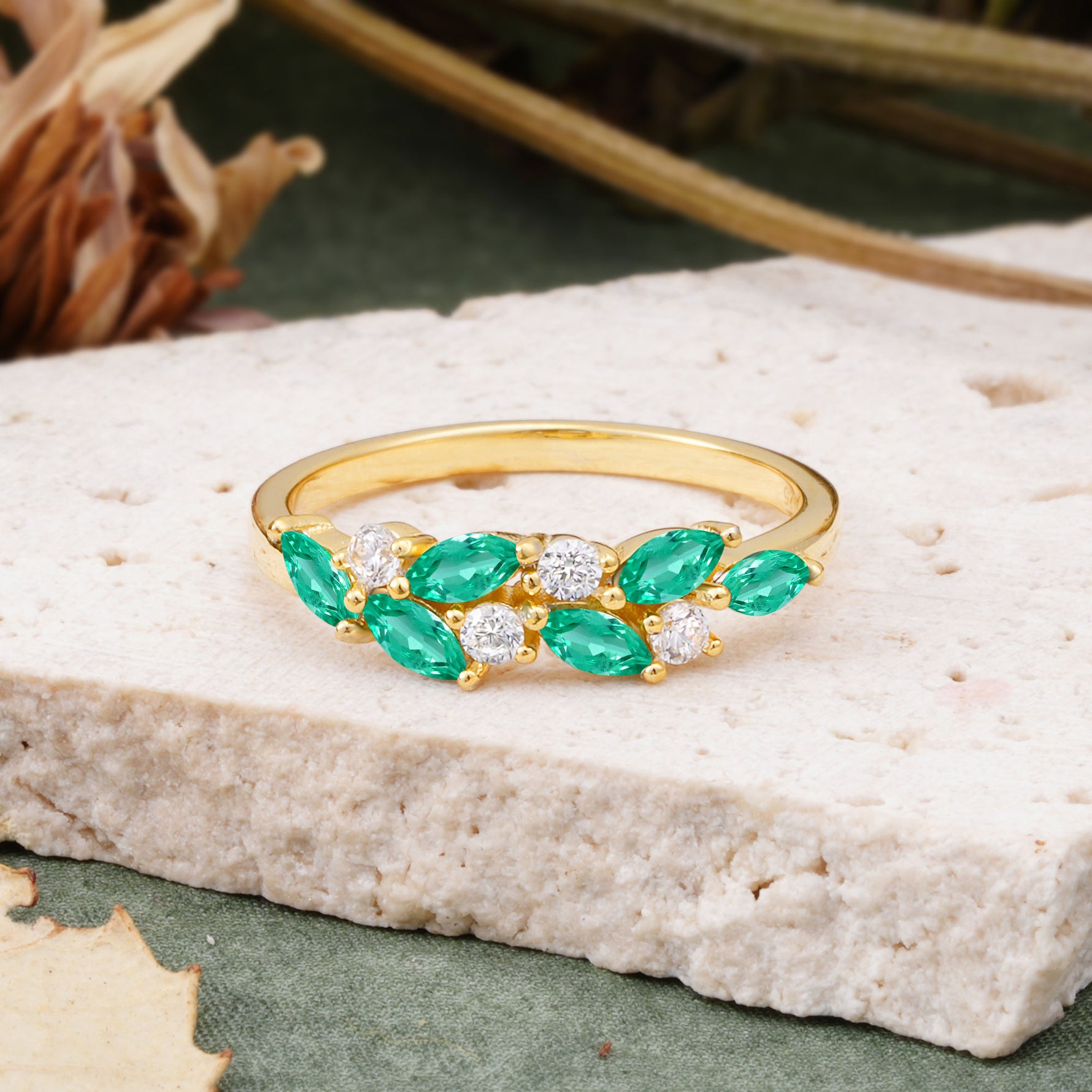 Classic Sparkling Marquise & Round Emerald Leaf Ring Nature-Inspired Bridal Stackable Band  - Additional view