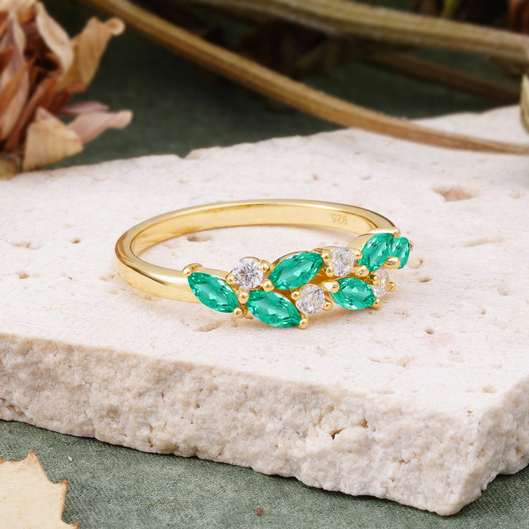 Classic Sparkling Marquise & Round Emerald Leaf Ring Nature-Inspired Bridal Stackable Band  - Additional view