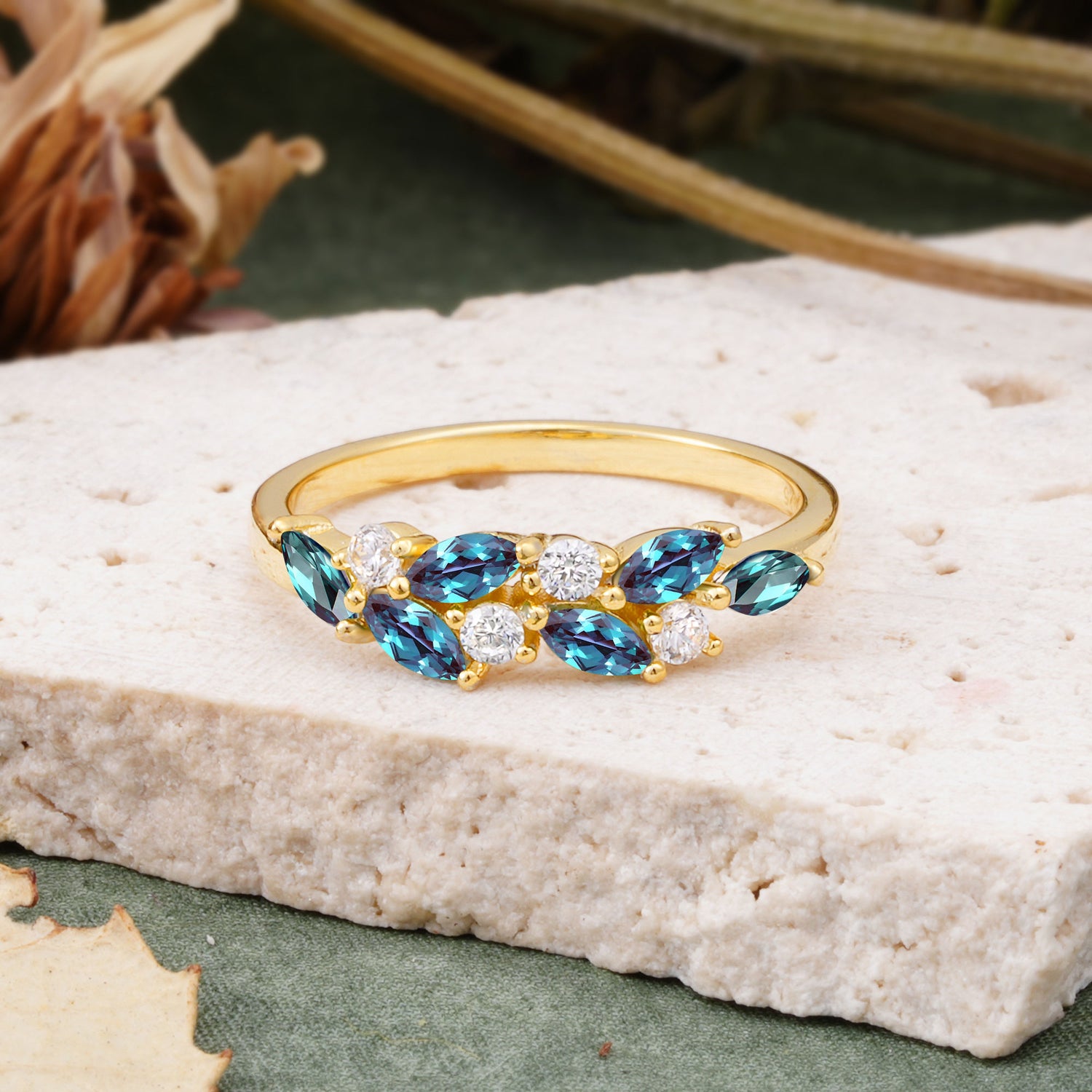 Classic Sparkling Marquise & Round Alexandrite Leaf Ring Nature-Inspired Bridal Stackable Band  - Additional view