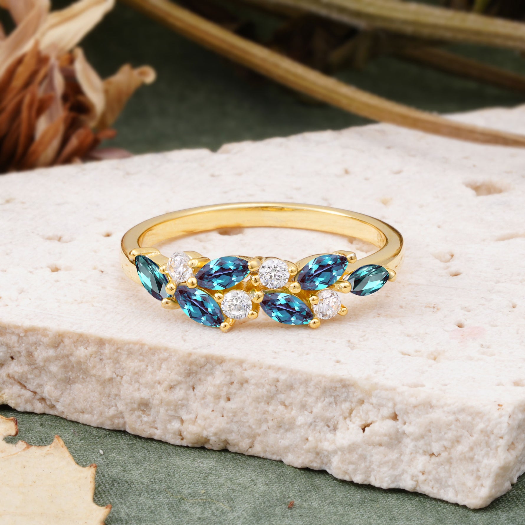Classic Sparkling Marquise & Round Alexandrite Leaf Ring Nature-Inspired Bridal Stackable Band  - Additional view