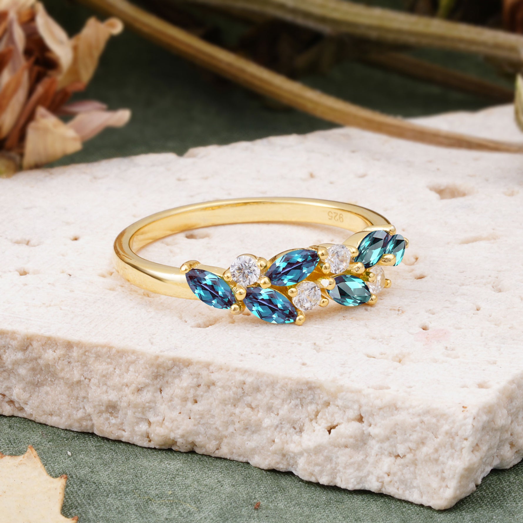 Classic Sparkling Marquise & Round Alexandrite Leaf Ring Nature-Inspired Bridal Stackable Band  - Additional view