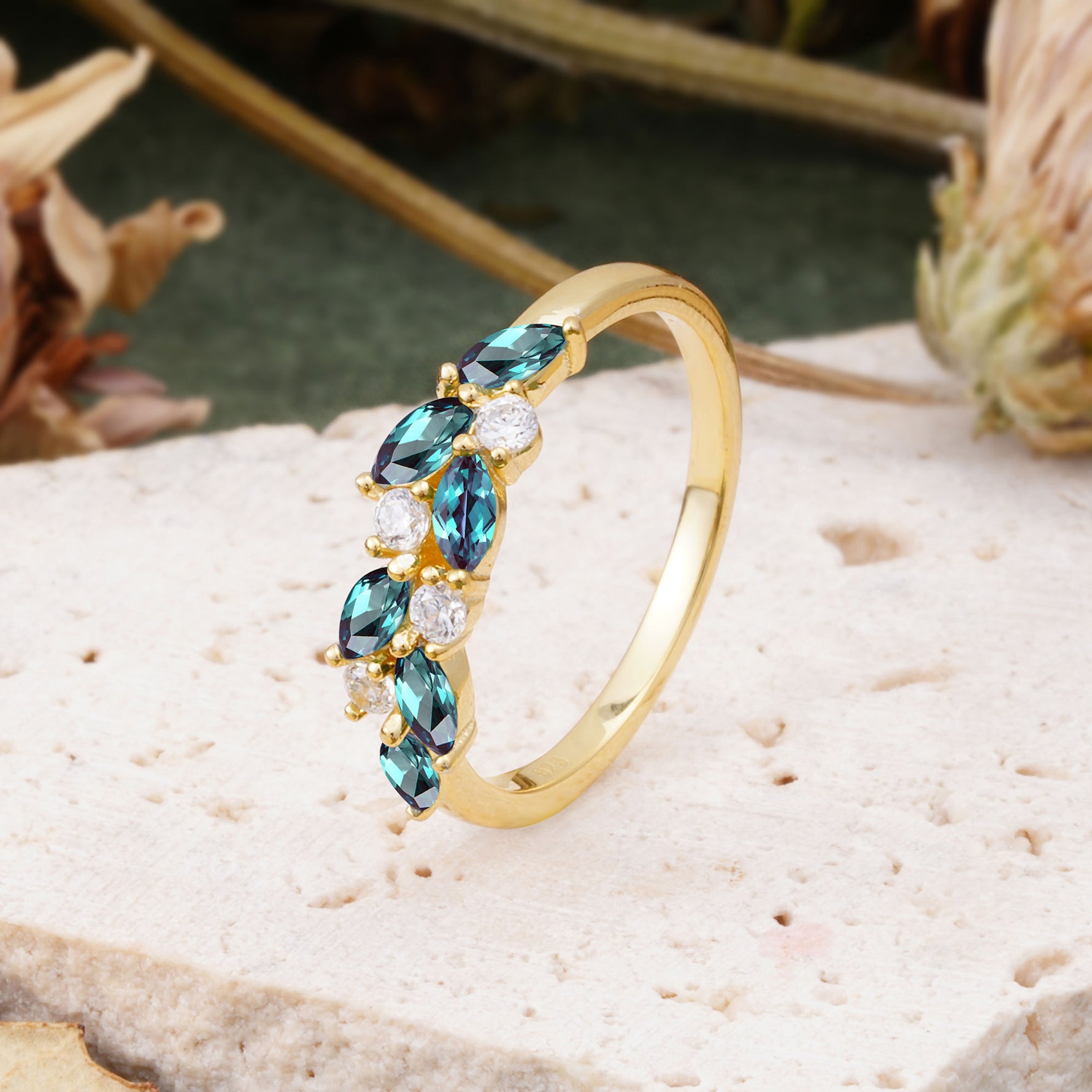 Classic Sparkling Marquise & Round Alexandrite Leaf Ring Nature-Inspired Bridal Stackable Band  - Additional view