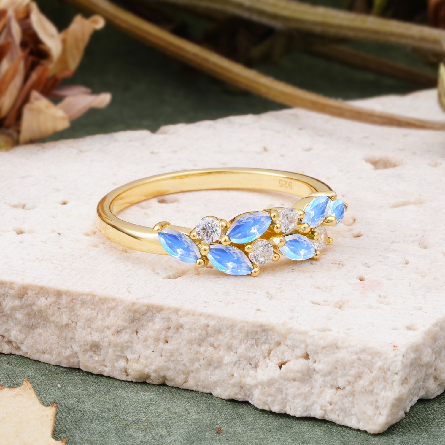 Classic Sparkling Marquise & Round Moonstone Leaf Ring Nature-Inspired Bridal Stackable Band  - Additional view