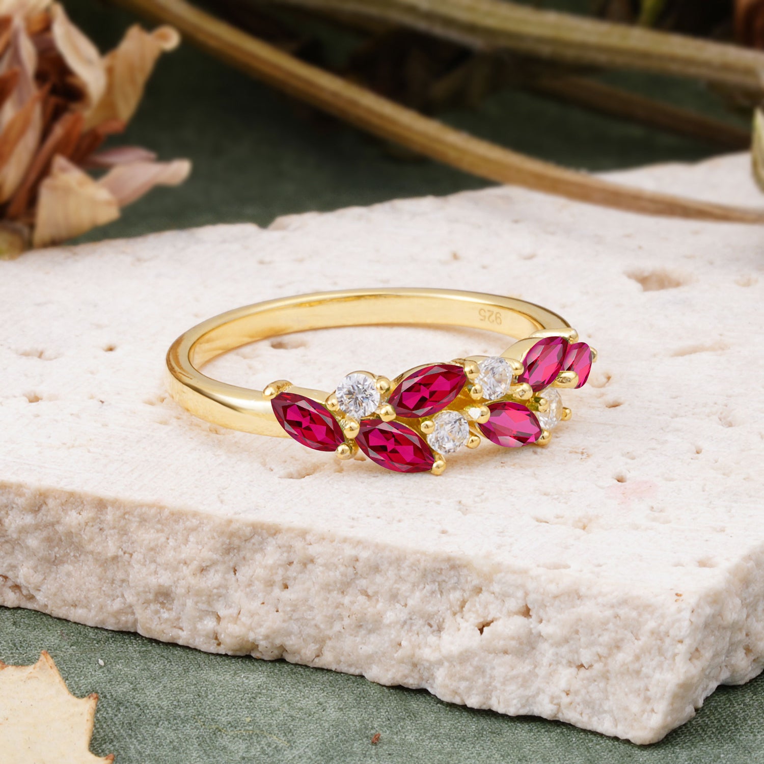 Classic Sparkling Marquise & Round Ruby Leaf Ring Nature-Inspired Bridal Stackable Band  - Additional view