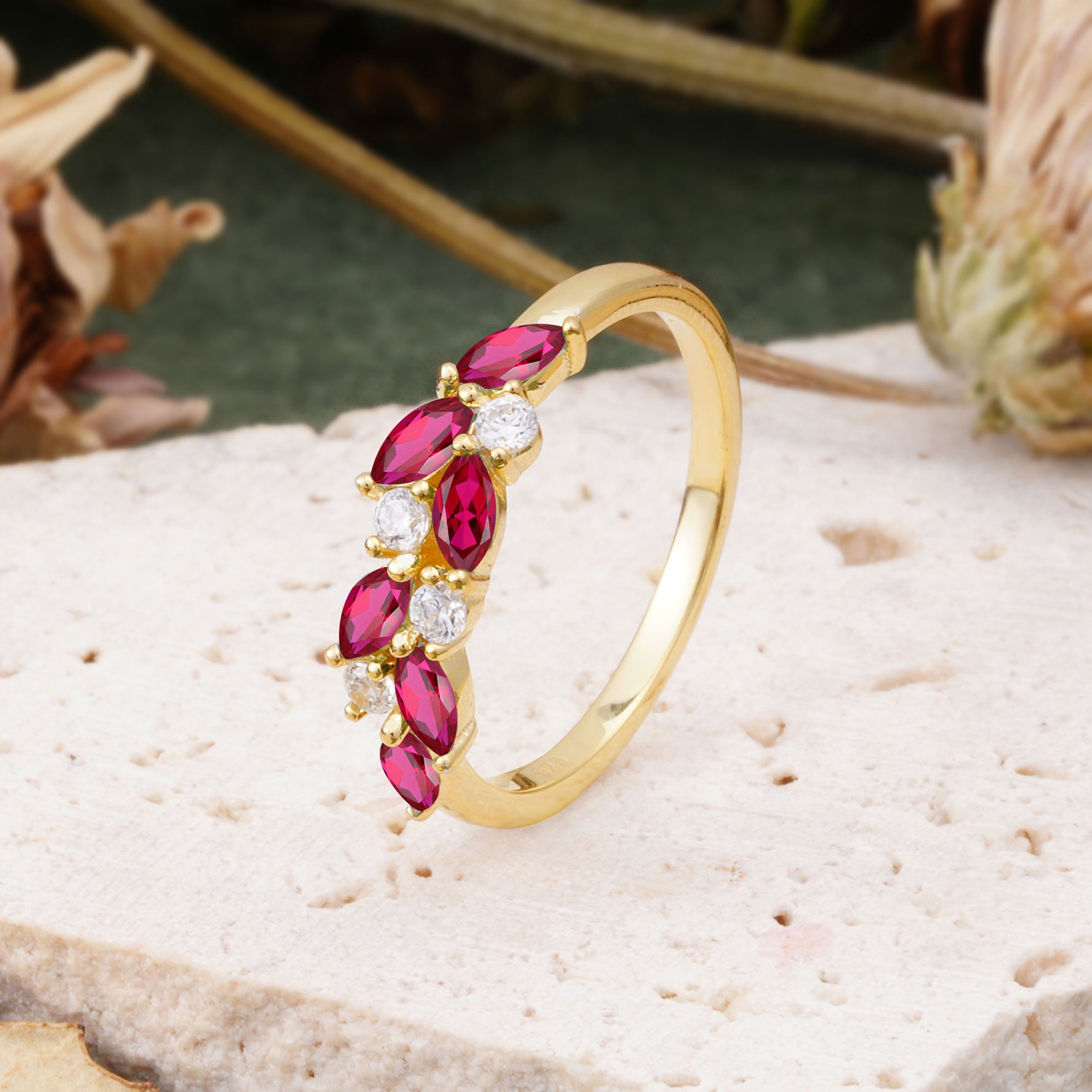 Classic Sparkling Marquise & Round Ruby Leaf Ring Nature-Inspired Bridal Stackable Band  - Additional view