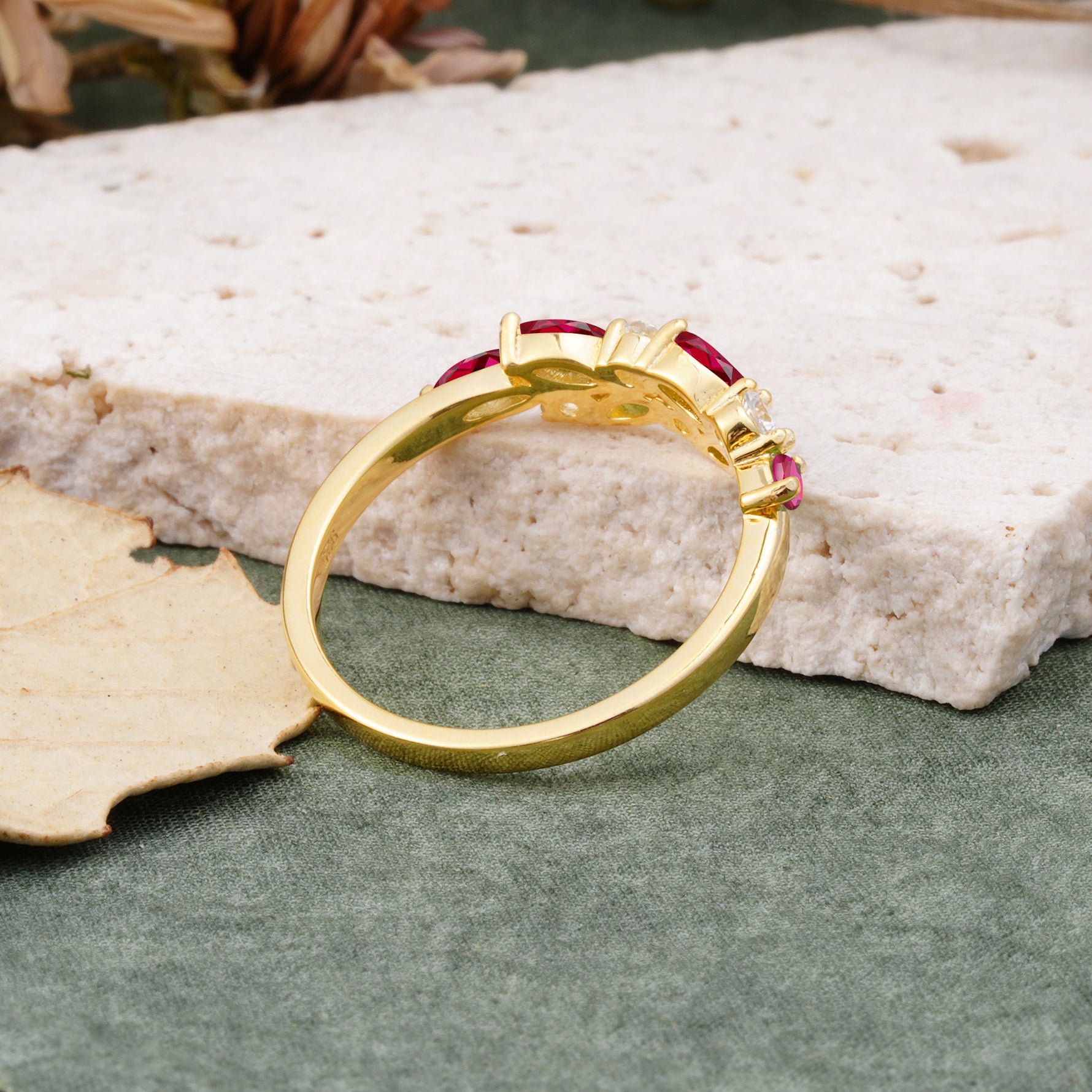 Classic Sparkling Marquise & Round Ruby Leaf Ring Nature-Inspired Bridal Stackable Band  - Additional view