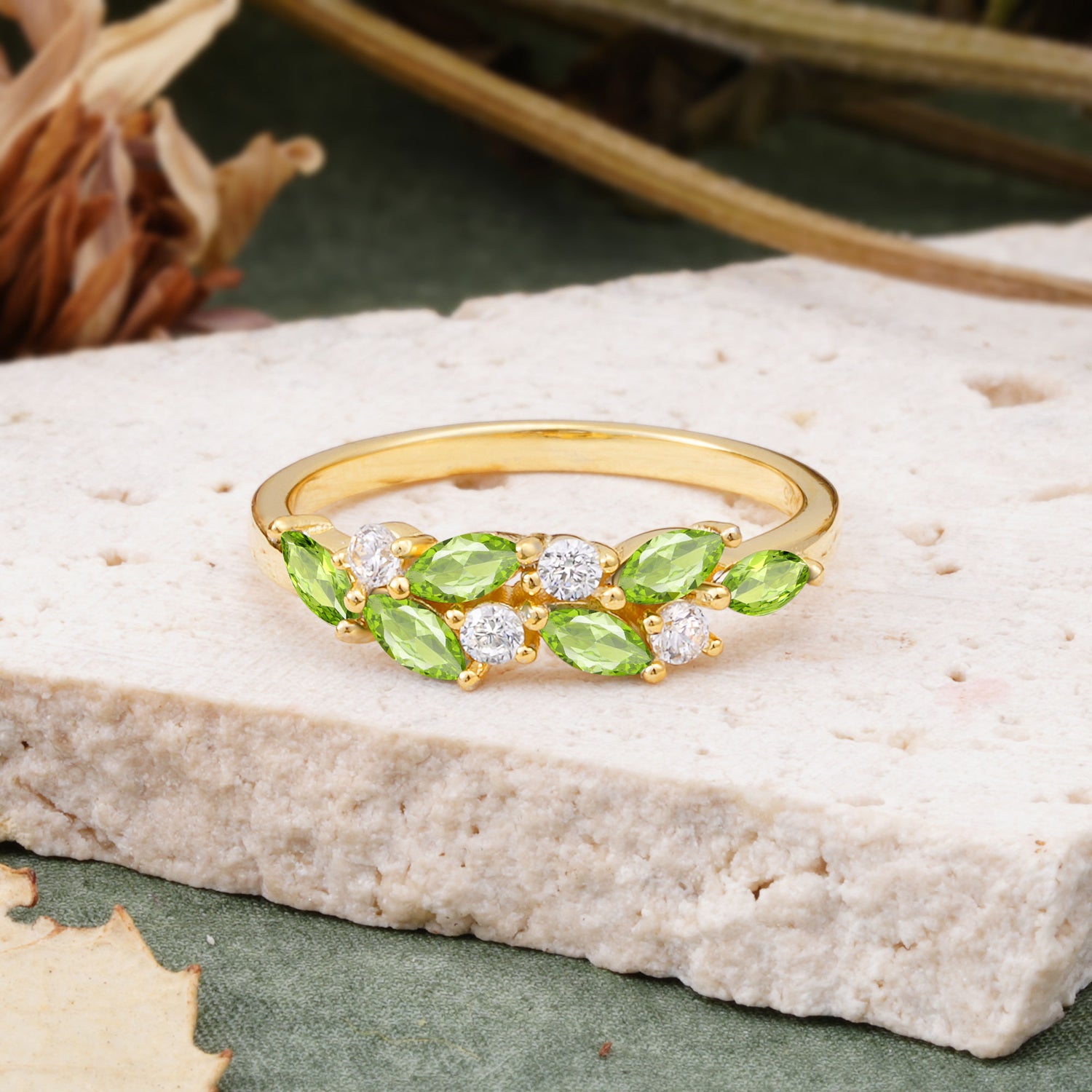 Classic Sparkling Marquise & Round Peridot Leaf Ring Nature-Inspired Bridal Stackable Band  - Additional view