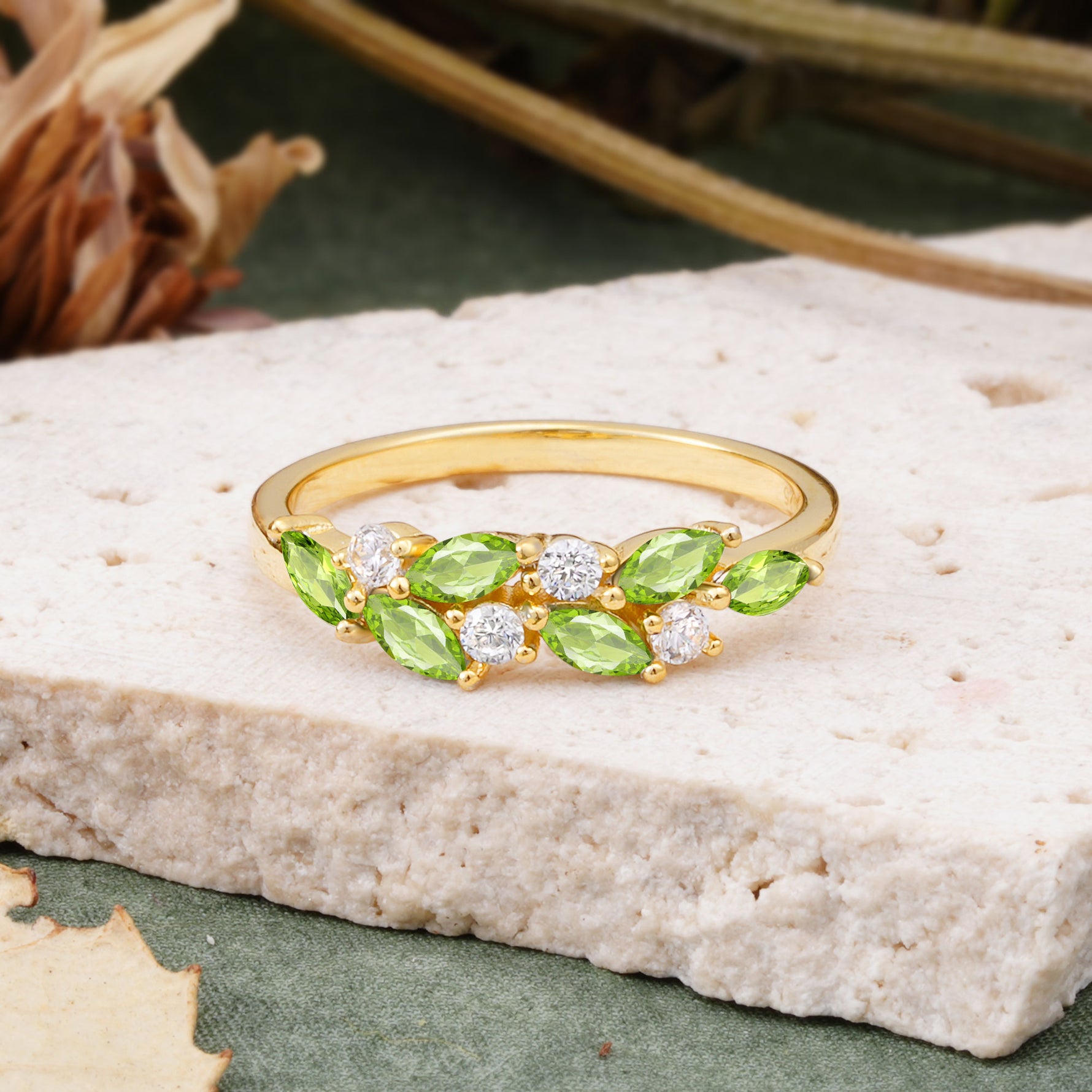 Classic Sparkling Marquise & Round Peridot Leaf Ring Nature-Inspired Bridal Stackable Band  - Additional view