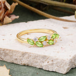 Classic Sparkling Marquise & Round Peridot Leaf Ring Nature-Inspired Bridal Stackable Band  - Additional view