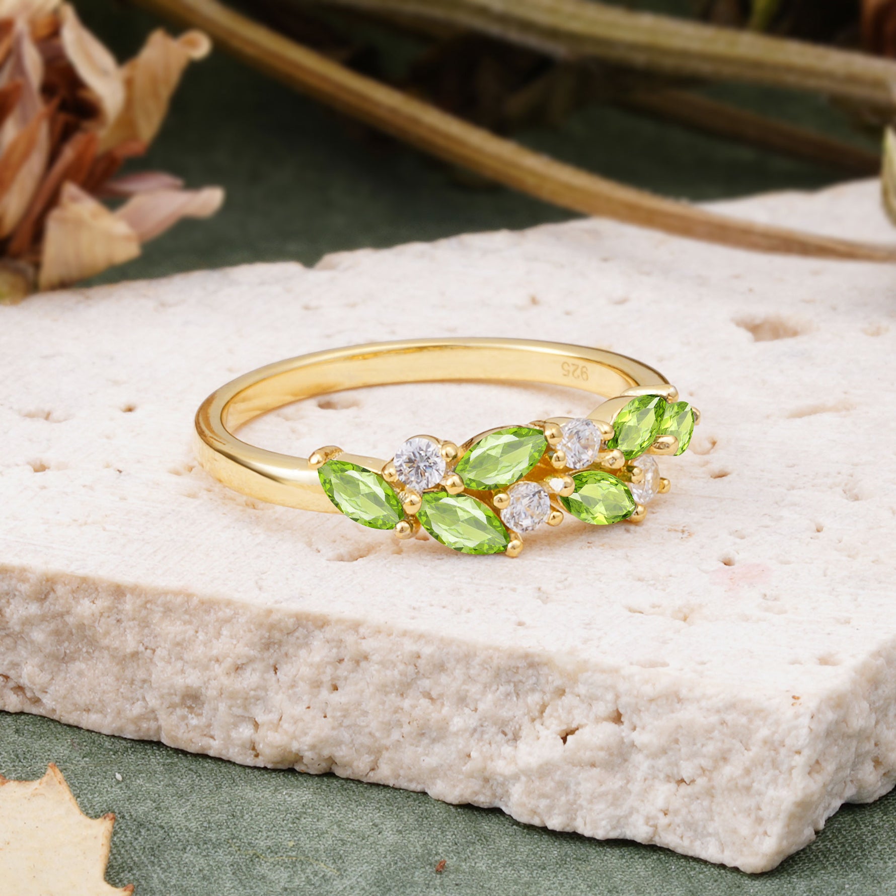 Classic Sparkling Marquise & Round Peridot Leaf Ring Nature-Inspired Bridal Stackable Band  - Additional view