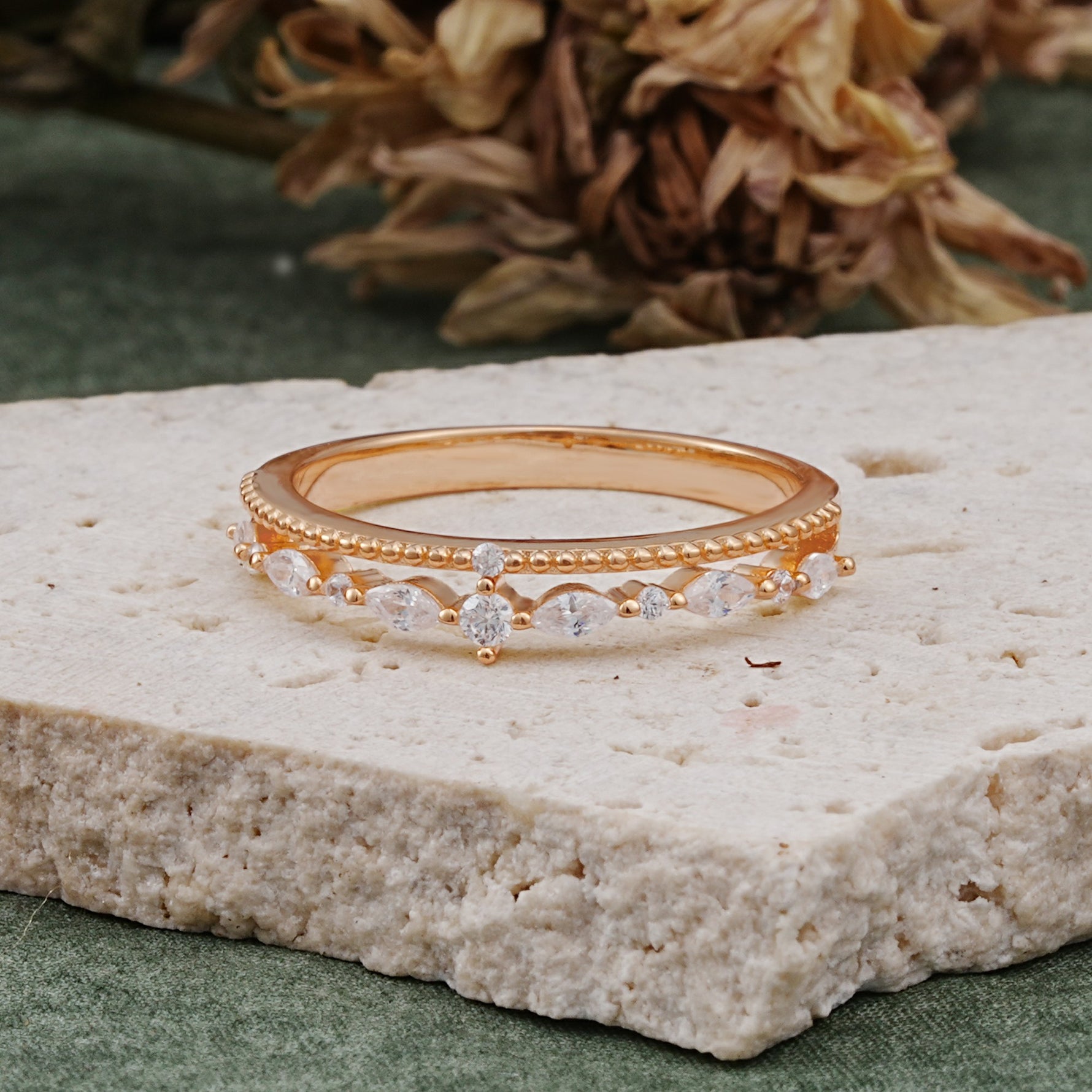 Vintage Milgrain Beaded Mixed Cut Moissanite Stacking Wedding Band - Additional view