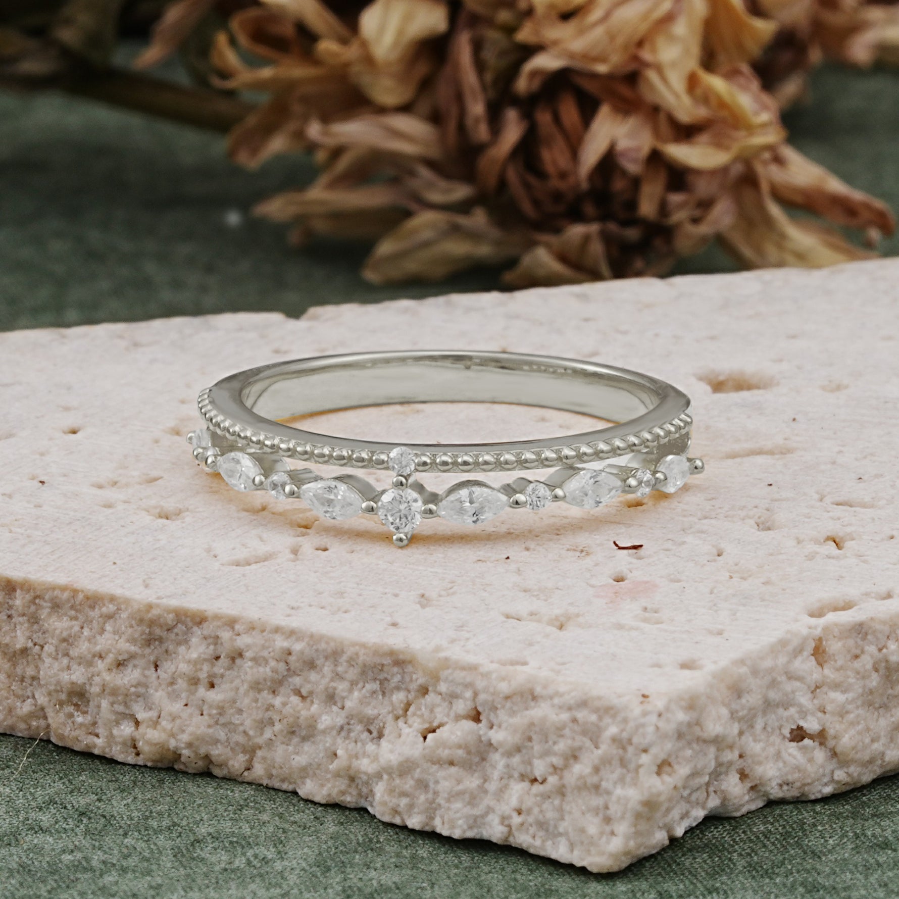 Vintage Milgrain Beaded Mixed Cut Moissanite Stacking Wedding Band - Additional view