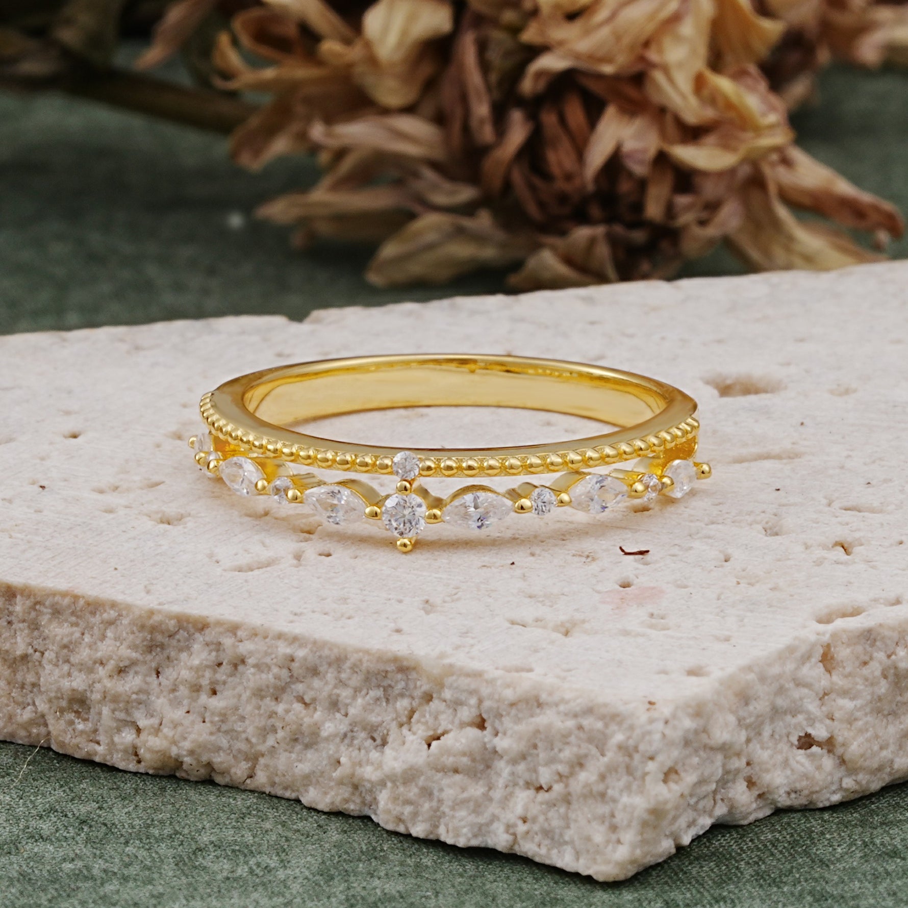 Vintage Milgrain Beaded Mixed Cut Moissanite Stacking Wedding Band - Additional view