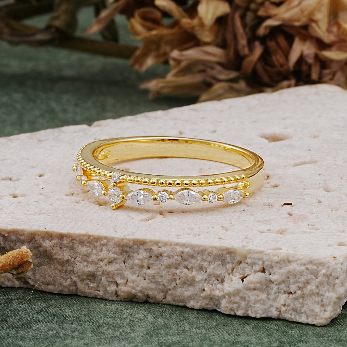 Vintage Milgrain Beaded Mixed Cut Moissanite Stacking Wedding Band - Additional view