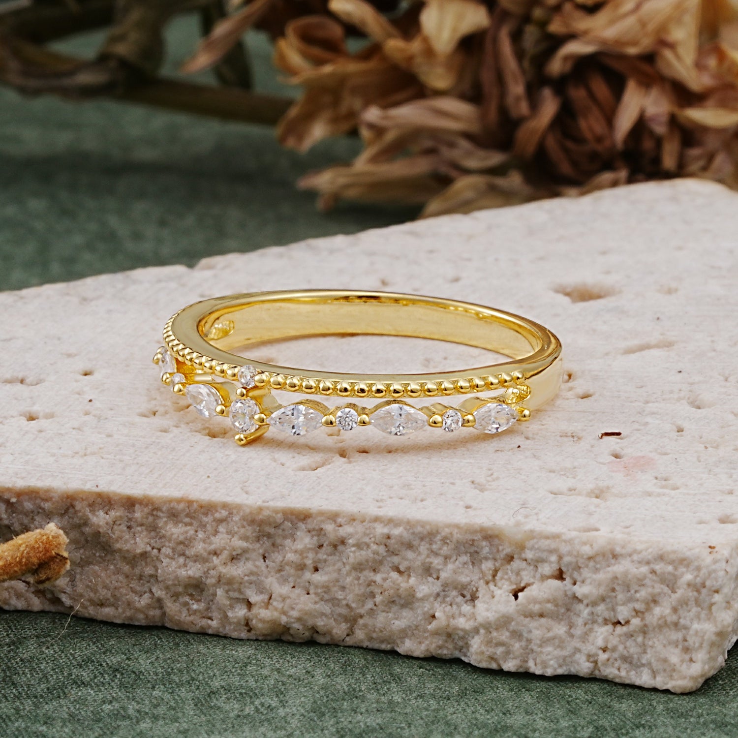 Vintage Milgrain Beaded Mixed Cut Moissanite Stacking Wedding Band - Additional view