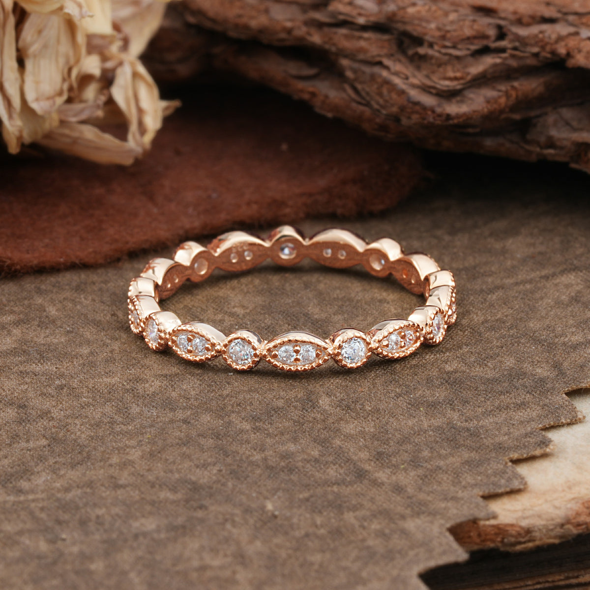 Vintage Milgrain Beaded Round Moissanite Full Eternity Wedding Band - Additional view