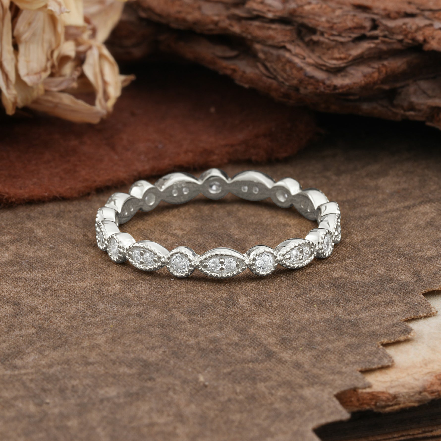 Vintage Milgrain Beaded Round Moissanite Full Eternity Wedding Band - Additional view