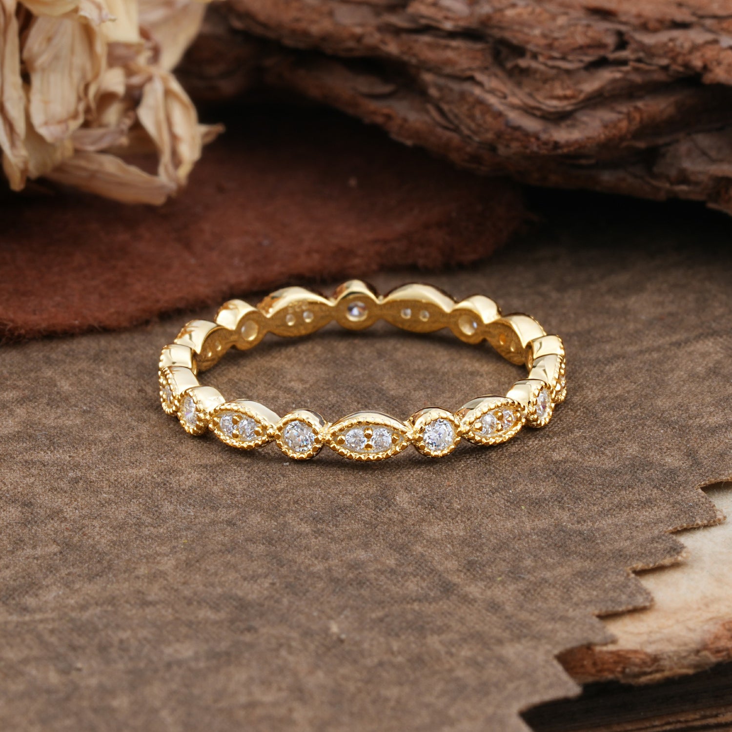 Vintage Milgrain Beaded Round Moissanite Full Eternity Wedding Band - Additional view