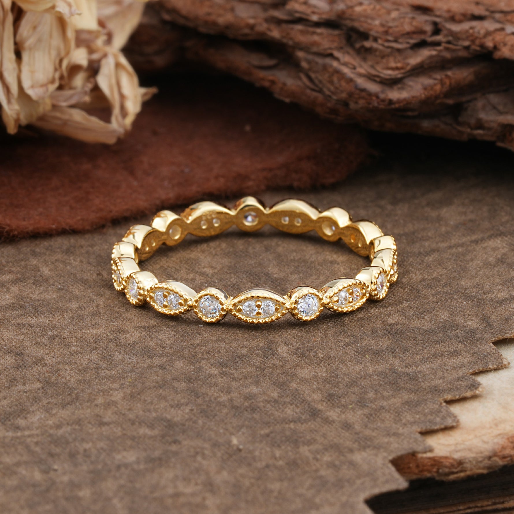 Vintage Milgrain Beaded Round Moissanite Full Eternity Wedding Band - Additional view