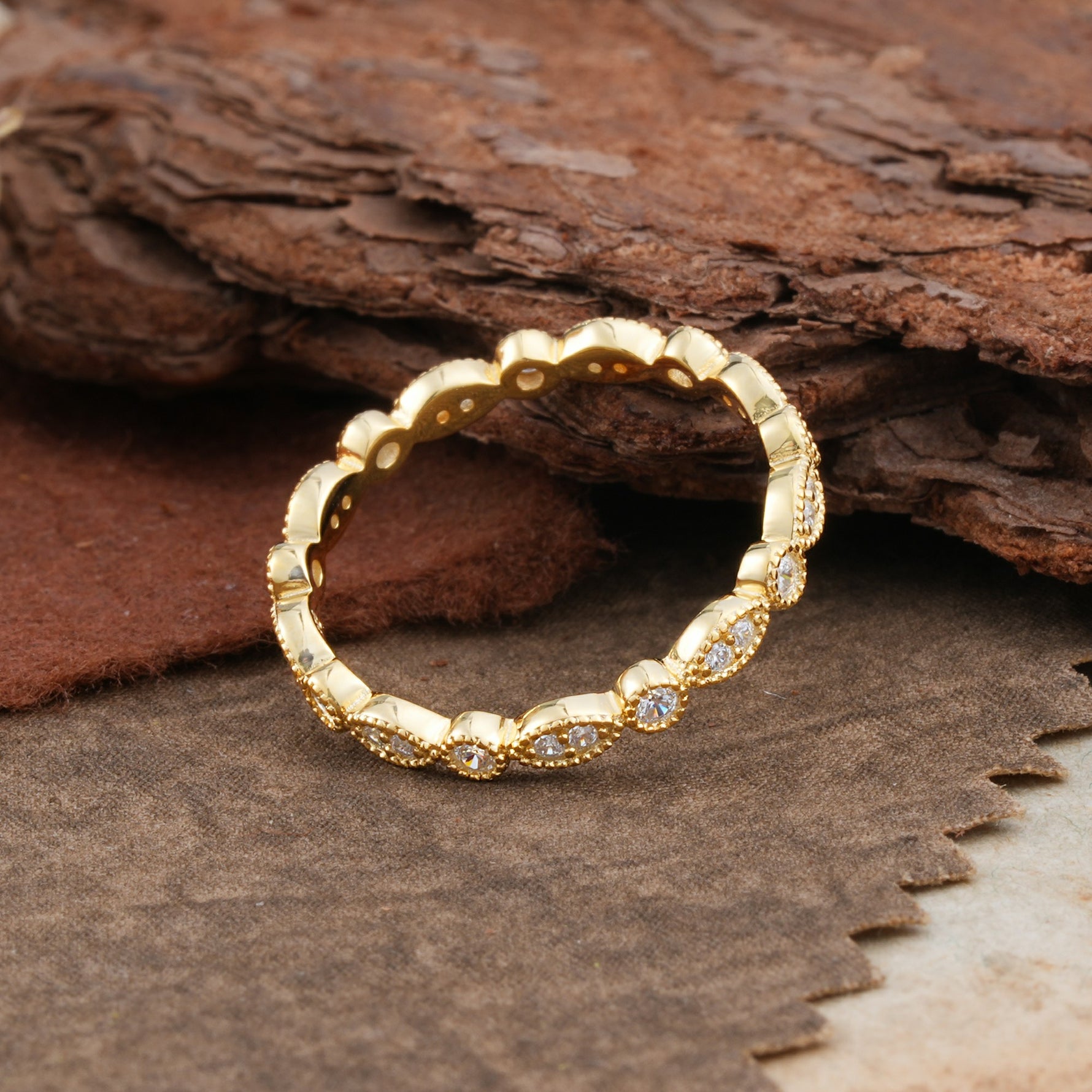 Vintage Milgrain Beaded Round Moissanite Full Eternity Wedding Band - Additional view