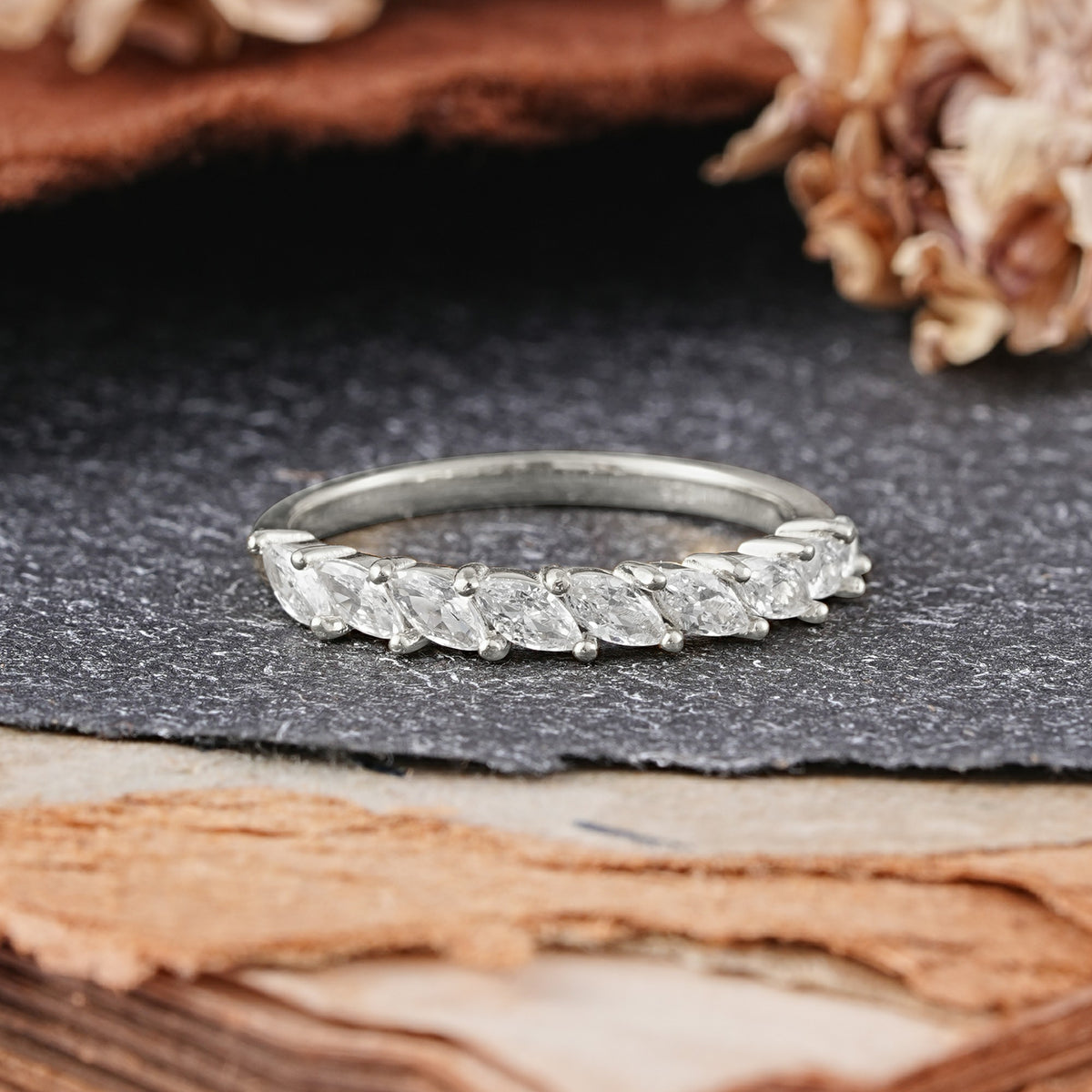 Vintage Marquise Cut Moissanite Half Eternity Wedding Band - Additional view