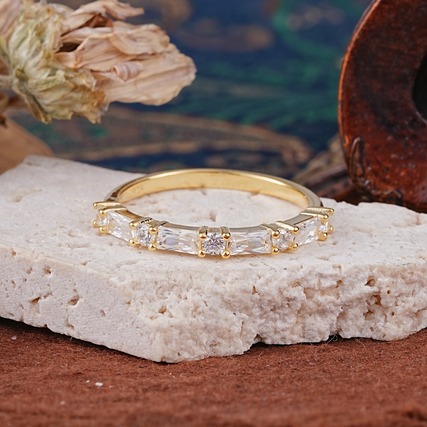 Art Deco Baguette & Round Moissanite Alternating Half Pavé Wedding Band - Additional view